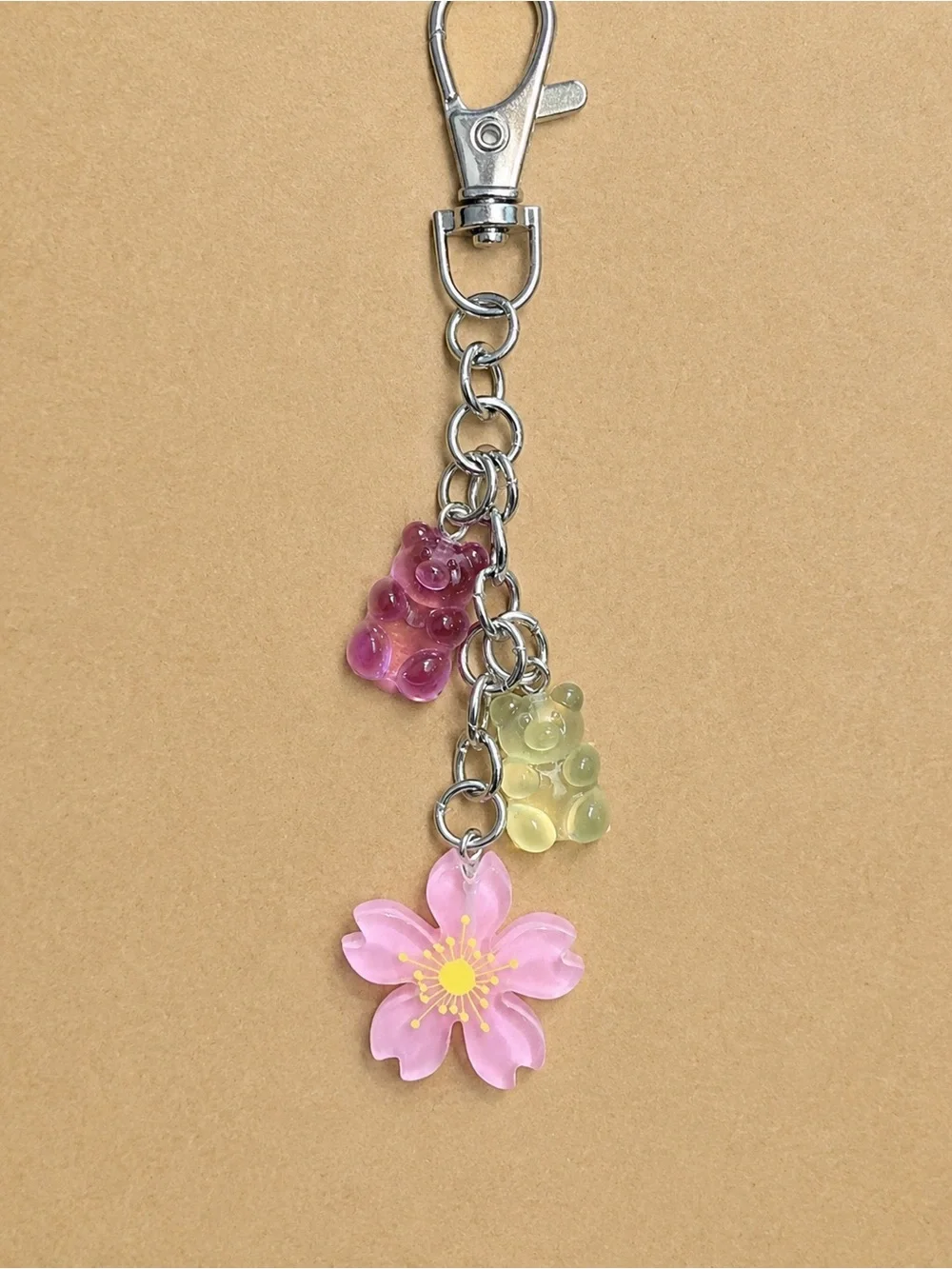 Pink Floral & Gummy Bear Keychain Charm - Women Accessories Key & Card Holder